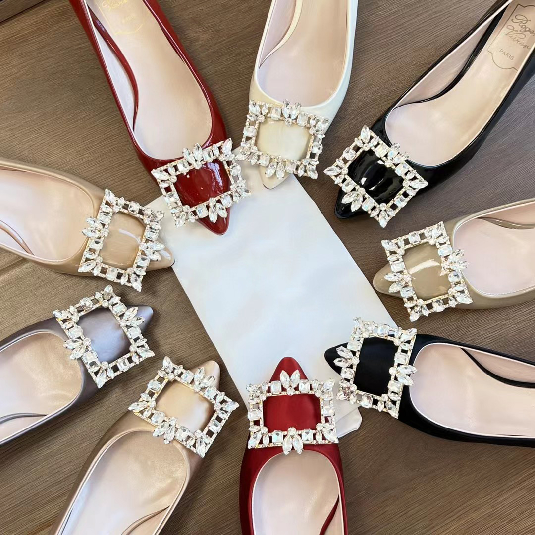 

Midheel Boat shoes Rhinestone Dress Sexy Classic square button Decoration Luxury Designers Pointed patent leather satin thick heel fashion Banquet party shoes, Red+satin