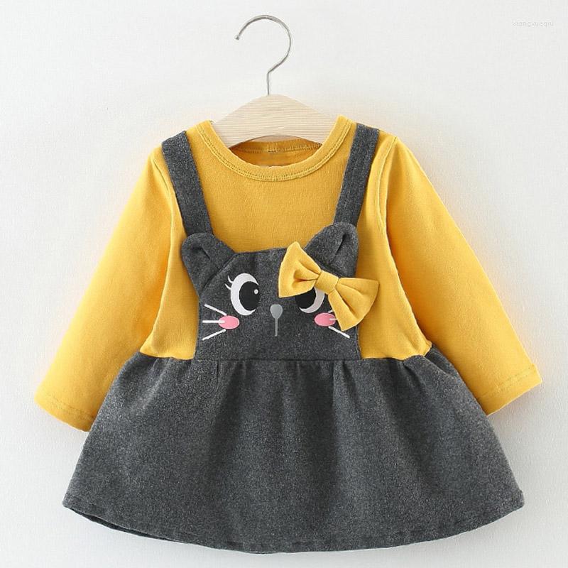 

Girl Dresses Baby Girls Dress 2022 Toddler Spring Cartoon Cute Cat Printing Princess Vestidos Long Sleeve Children Bow Patchwork Clothes, Ax898yellow