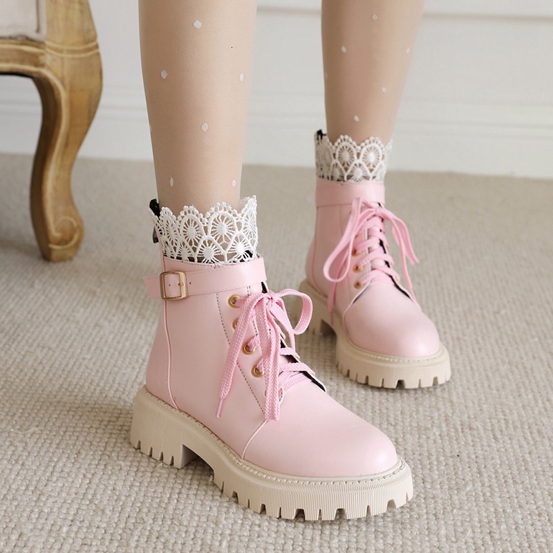 

Boots Women's Ankle Boots Pu Leather Fall Winter Girls Booties Sweet Hollow Laces Ankle Shoes Square Heels Platforms Botas Mujer Pink 221114