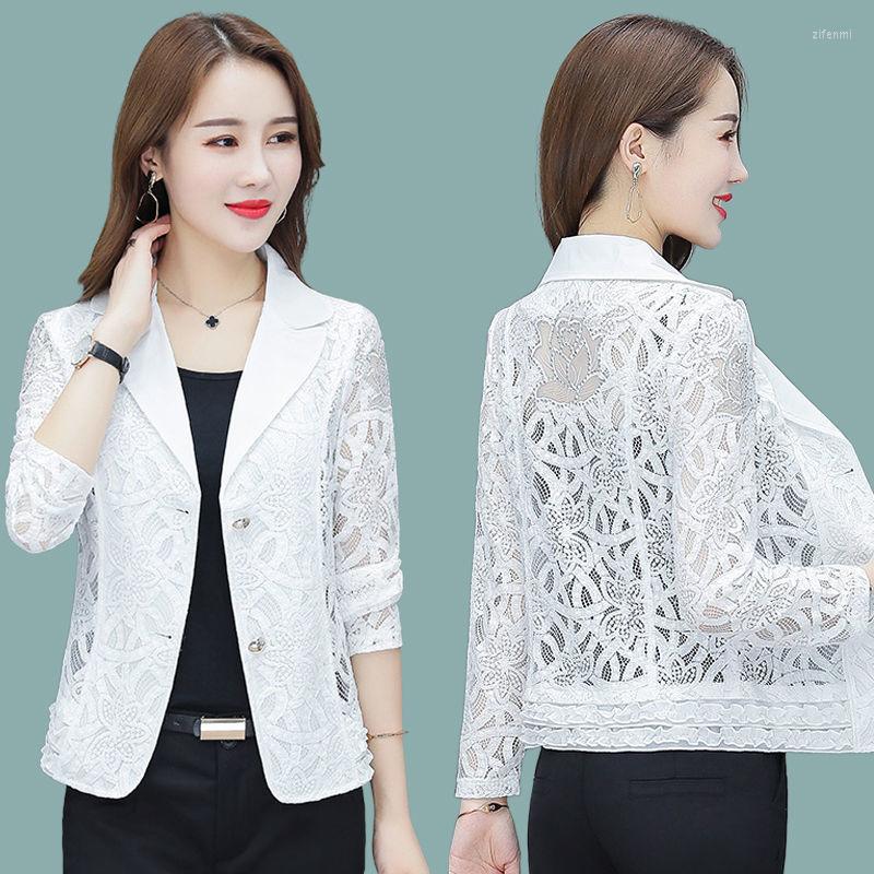 

Women's Jackets Spring Summer Women Fashion White Short Slim Blazer Hollow Lace Long Sleeve Casual Jacket Office Ladies Work Wear -5XL E135