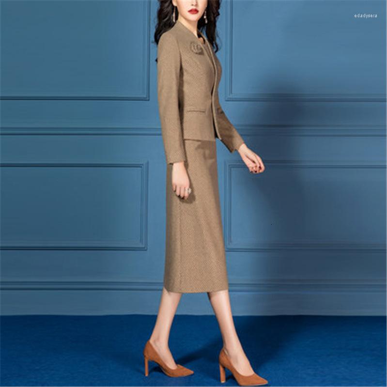 

Work Dresses Dress Suits Women Business Suit Jacket Formal Office Ladies Wear Vintage Plaid Slim Elegant 2 Piece Set Female Plus Size, Coffee