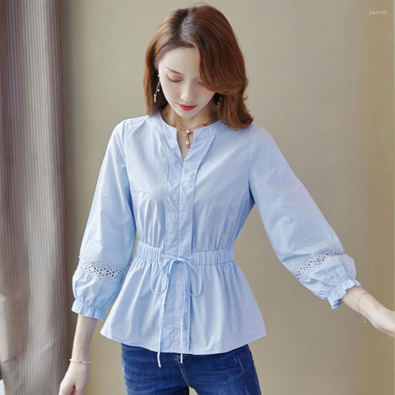 

Women' Blouses Fashion Women Spring Summer Style Casual Short Sleeve O-Neck Slim Shirt Tops High Quality DF3626, Blue