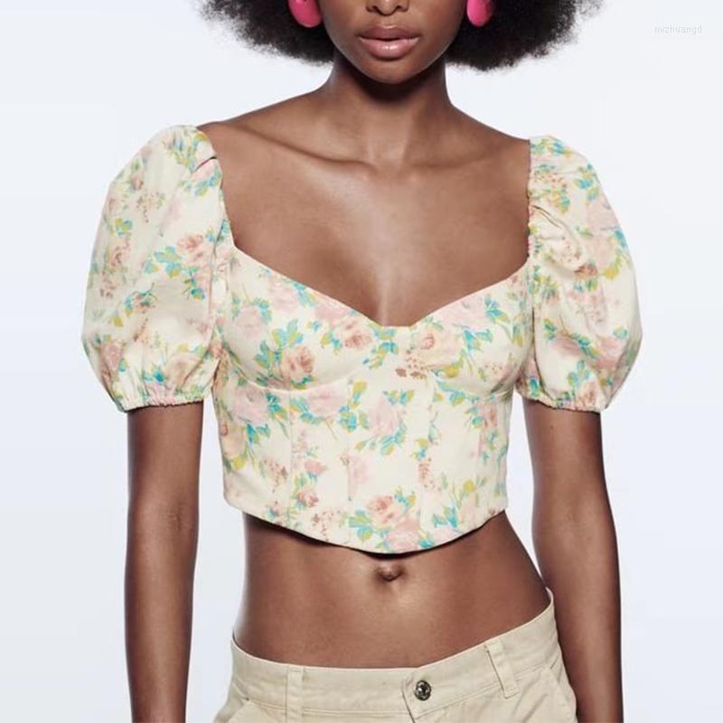 

Women's Blouses Summer 2022 Women Print Crop Short Sleeve Temperament Square Collar Shirts Chic Female Sweet Slim Tops Blusas Mujer, Mixed color