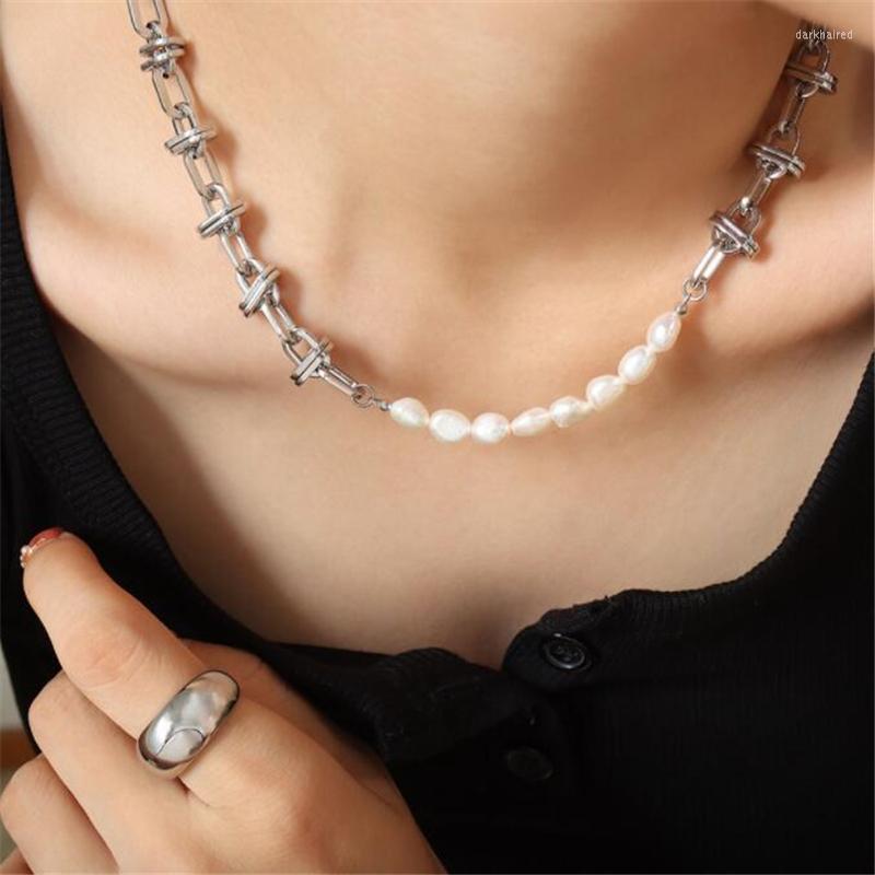 

Chains Trendy Freshwater Pearl Chain Necklace For Women Personality Stainless Steel Crystal Knot Clavicle Necklaces Fashion Jewelry