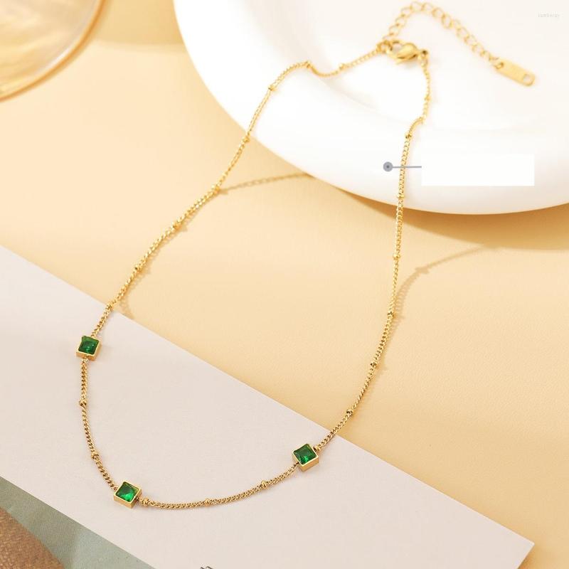 

Chains Titanium Steel Necklace Square Thin Chain Versatile Green Zircon Women Fashion Waterproof Necklaces Jewelry Gifts Drop