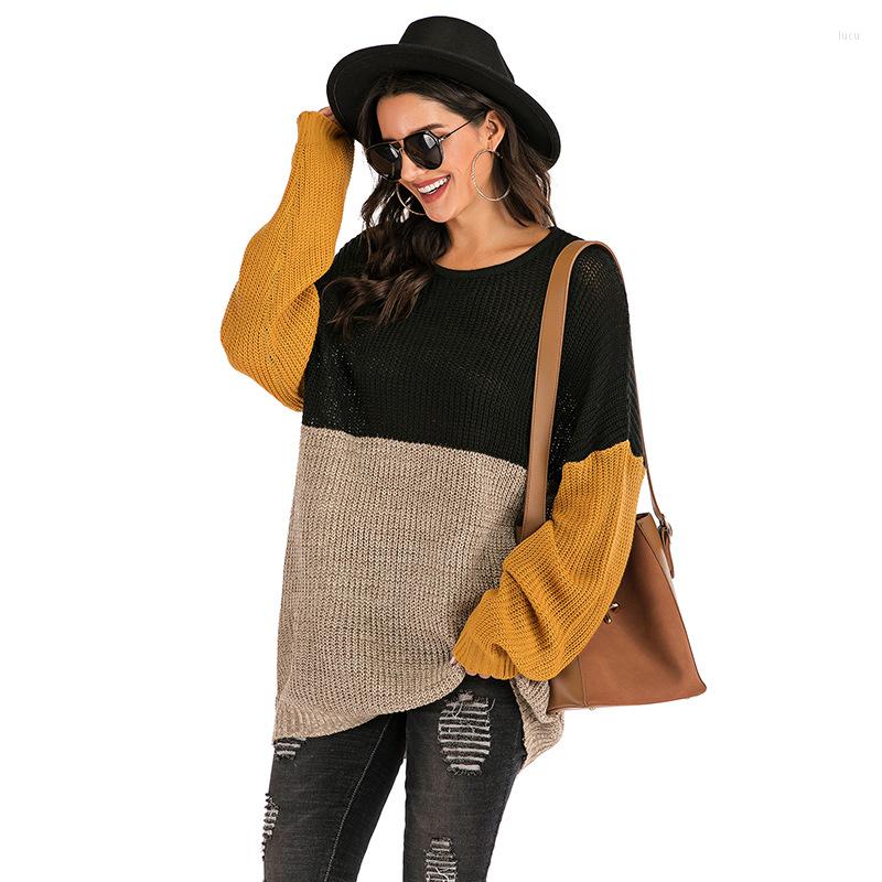 

Women' Sweaters European And American 2022 Autumn Contrast Color Loose Long Sleeve Knitted Mid-Length Sweater Women, Black