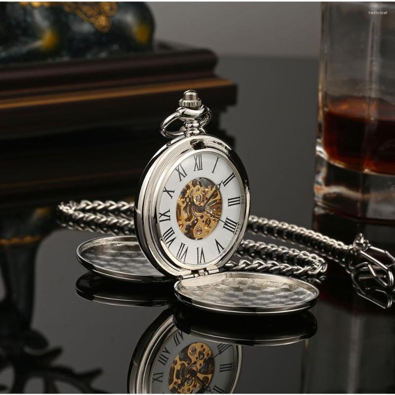 

Pocket Watches Retro Double Sizes Open Case Mechanical Watch Men Women Roman Dial Hand Wind Clock With FOB Chain Gift, Bronze
