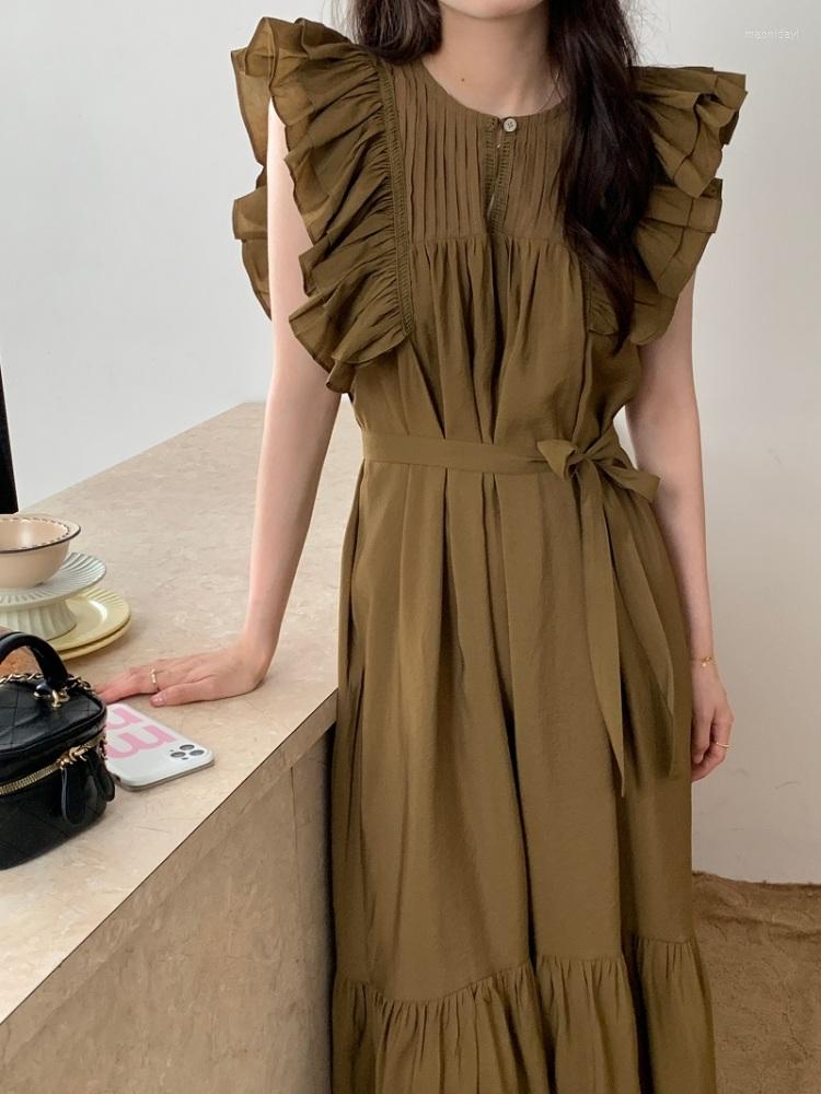 

Casual Dresses Women's Summer Long Fishtail Dress With Belt 2022 Female Slim Ruffle Flying Sleeve Midi Holiday Sundress French Style, Black