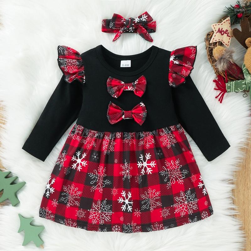 

Girl Dresses 2Pcs Baby Girls Christmas Dress Outfit Bowknot Plaid Stitching Long-Sleeve Party Hairband For Toddler Kids 0-24 Months, Picture shown