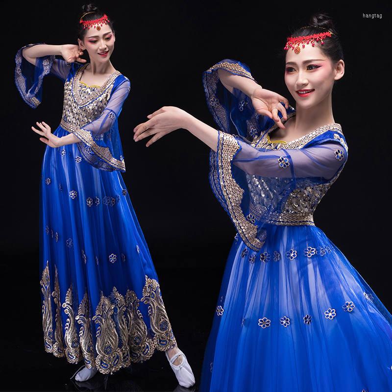 

Stage Wear India Uygur Ethnic Styles Costume Woman Elegent Lady Embroidery Long Dress, Blue
