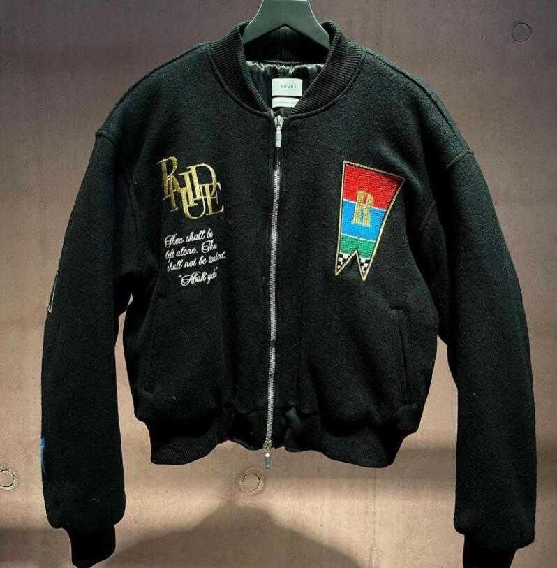 

Rhude Flower Letters Embroidered Woolen Baseball Suit Men' and Women' Loose Pilot Zipper Jacket Coat Tide, Black