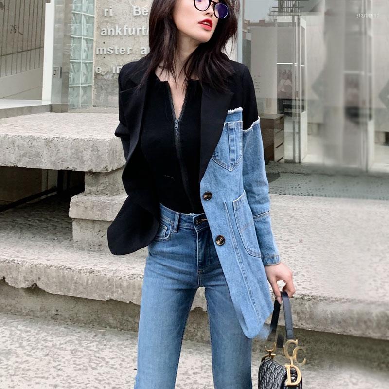 

Women' Suits 2022 Autumn Women Personality Suit Irregular Stitching Denim Jacket Spring Fashion Female Slim Small Blazer OL Blazers, Striped