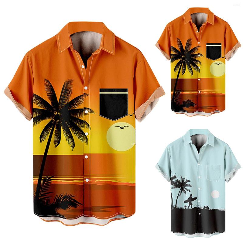 

Men's Casual Shirts Mens Fashion And Leisure 3D Digital Printing Buckle Lapel Short Sleeve Shirt Top Long Black Men, Orange
