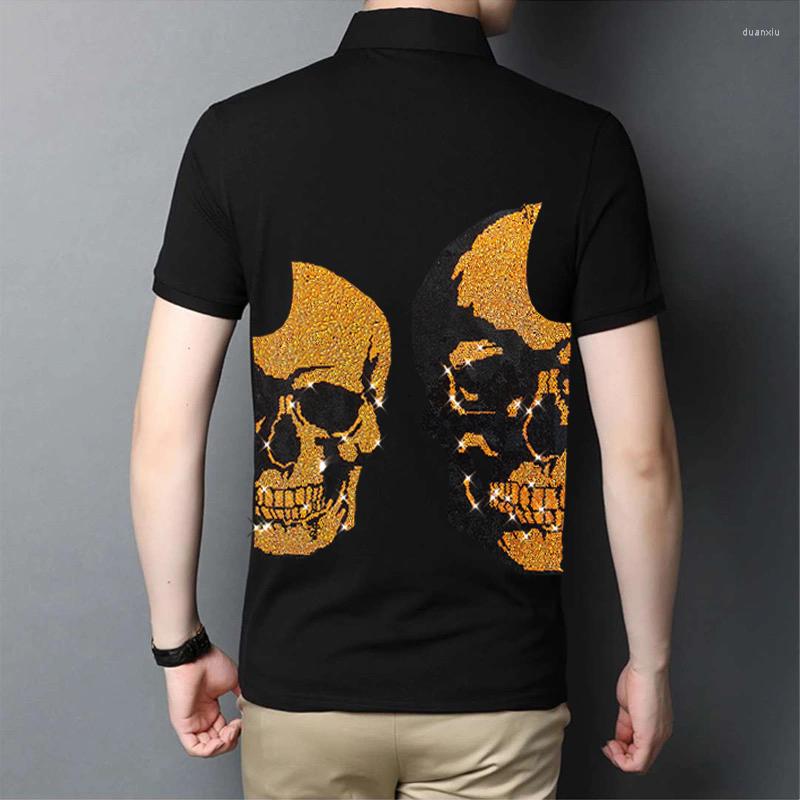 

Men's Polos Novel Shiny H Drilling Skull POLO Shirt Men's Fashion Brand Original Slim Spring And Summer Black White Design Short Sleeves, As shown asian size