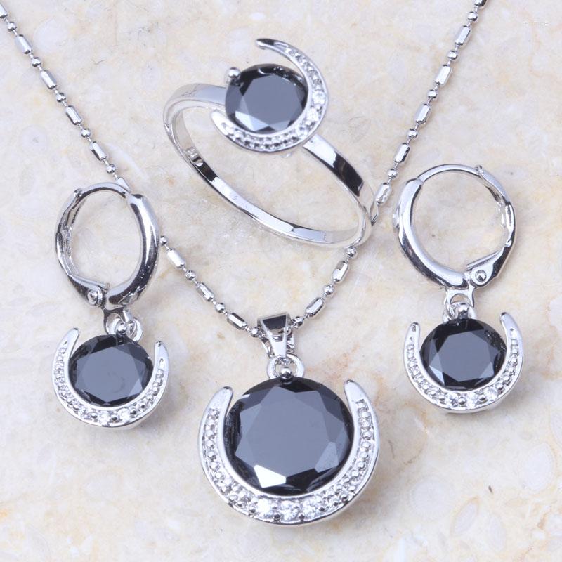 

Necklace Earrings Set Top Quality Lovely Round Black Imitation Onyx Cubic Zirconia Sets Silver Color For Women Jewelry KT050, Picture shown