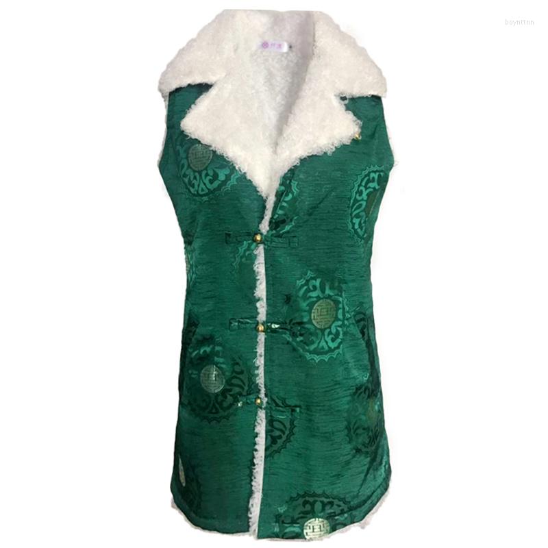 

Women's Vests Winter Velvet Vest Mid-Length Tibetan Costumes Female Clothing Hanfu Improve Chinese Style Ethnic Tang Suit, Green lapel vest