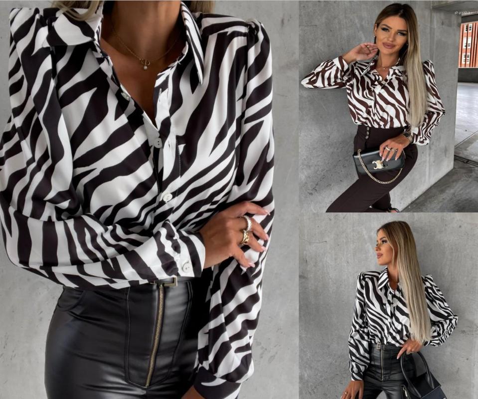 

Women' Blouses 2022 Autumn Women' Polo Collar Irregular Zebra Pattern Shirt Casual Fashion V-Neck Cardigan Long Sleeve Women, Brown