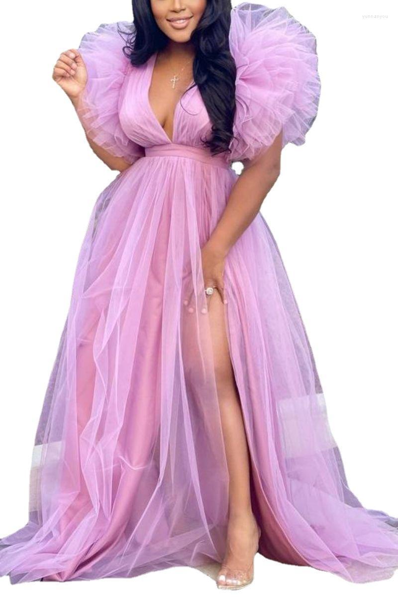 

Party Dresses Zoctuo Woman Dress Summer Lace Mesh Tulle Short Sleeve Bodycon Prom Low Cut Solid Elegant Maxi Skirt Ladies Outfit, Pink