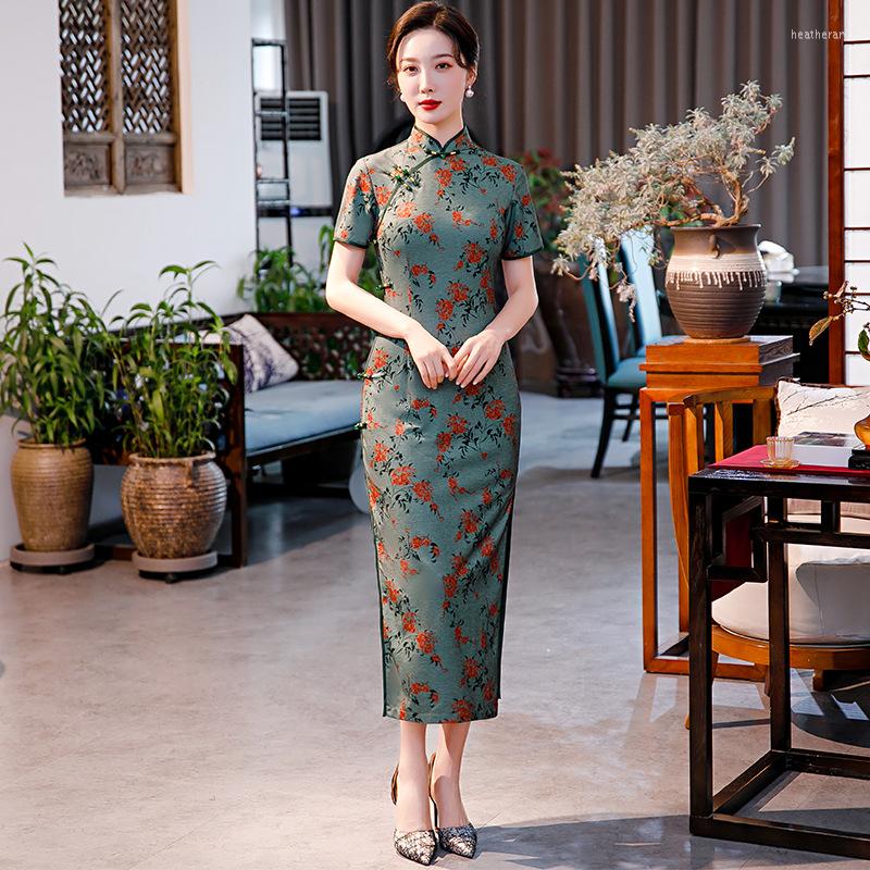 

Ethnic Clothing Spring Print Women Cheongsam Chinese Style Mid The Calf Cotton Straight Dresses Vintage Mandarin Collar Qipao Skirts S-XXXL