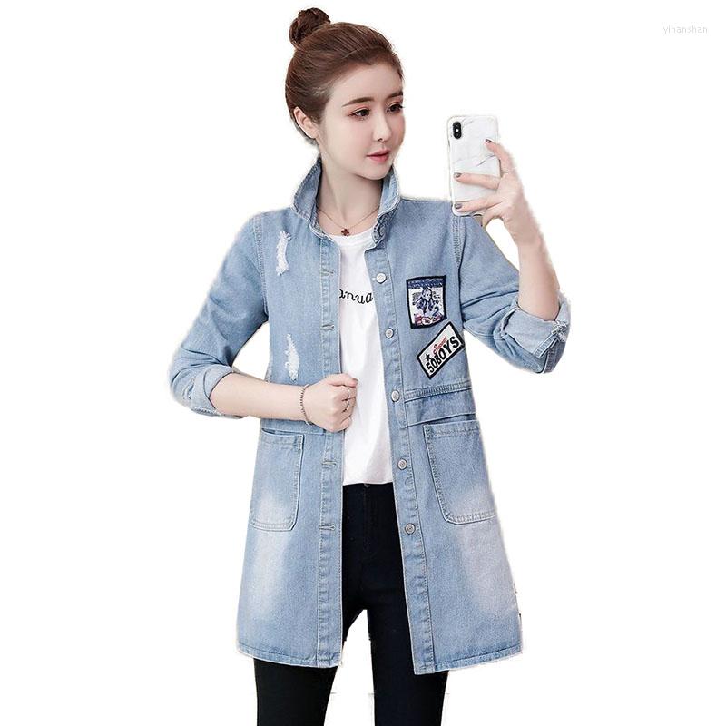 

Women' Trench Coats Women Mid-Length Denim Jacket Lady Printed -Drilled Windbreaker2022Spring Autumn 4XL Ripped Jeans Coat Female Tops 501, Blue