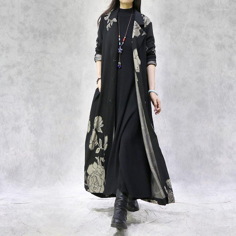 

Women's Trench Coats Women 2022 Autumn Winter Retro Slim-type Coat Long Tops Ladies Turn-down Collar Button Print Casual, Black