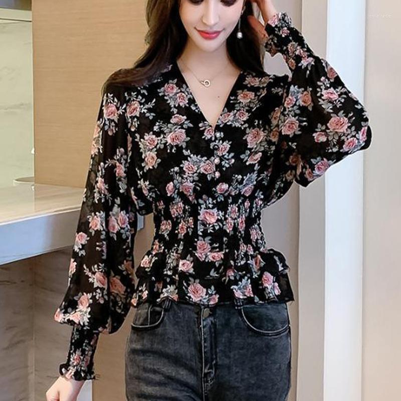 

Women' Blouses Women' Spring Summer Style Chiffon Shirt Ruffle V-Neck Printed Long Sleeve Vintage Slim Tops SP765, Pink