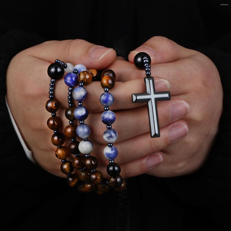 

Chains Tiger Eye Stone Black Agate Natural Blue Rosary Beads Necklace Hematite Cross Pendant Catholic Mala Jewelry Gift
