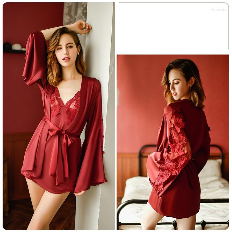

Women's Sleepwear Lace Hollow Out Seduction Robe Gown Suit For Women Summer Ice Silk V-Neck Sexy Mini Nightgown Nighty Dress Pyjamas, Gray-nightgown