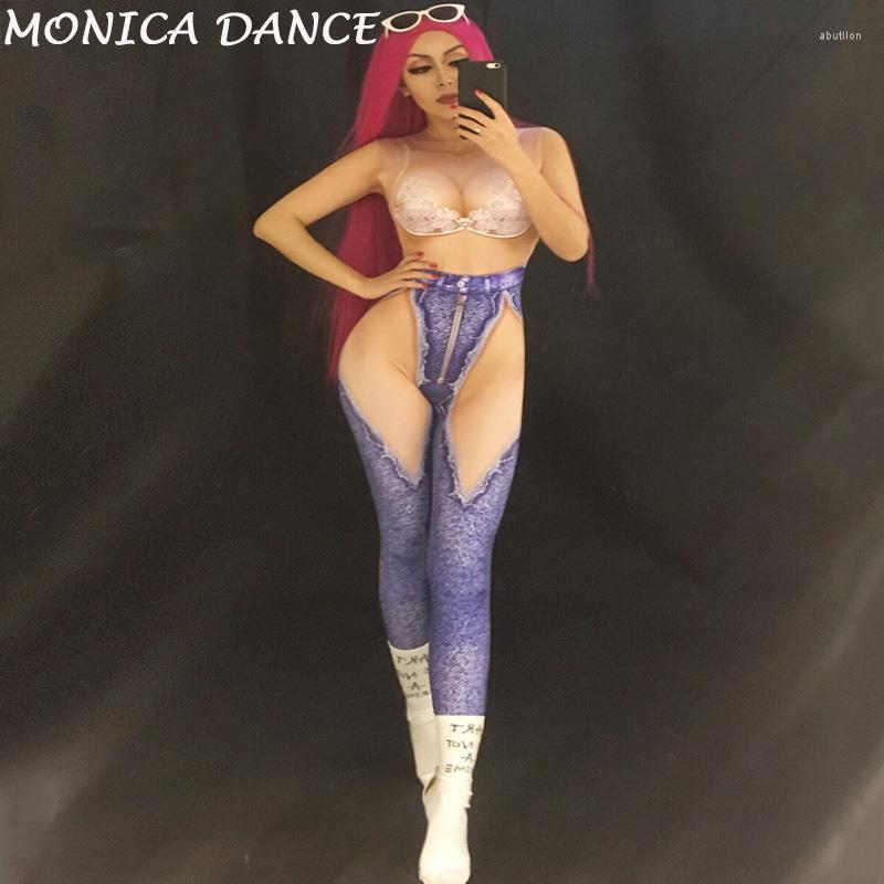 

Stage Wear Women Fashion Sexy Denim Printed Jumpsuit Skinny Leggings Bodysuit Lace Jeans Nude Rompers Big Stretch Dress