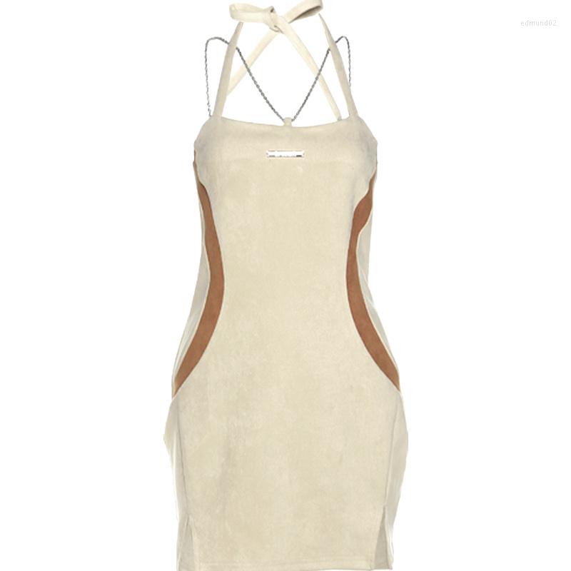 

Casual Dresses French Pure Desire Style Contrast Color Slim Fit Halter Girl Short Skirt And Sexy Split Dress For Women, Apricot