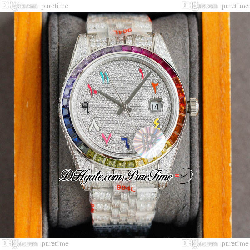 

RF 41mm 126334 ETA A2824 Automatic Mens Watch Rainbow Bezel 904 Steel Paved Diamond Dial Colors Arabic Script Fully Iced Out 904L Stainless Steel Bracelet Puretime F6, Custom warranty card