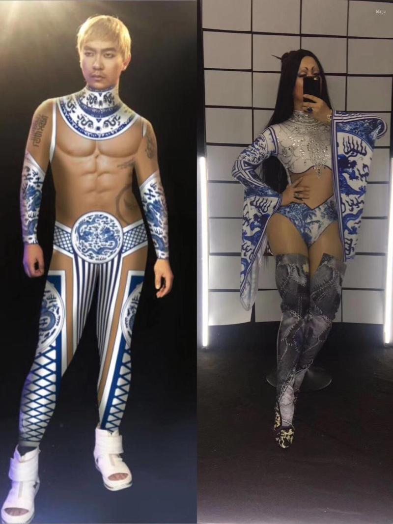 

Stage Wear Hanfu Clothing Shiny Rhinestone Chinese Style Blue And White Porcelain Print Bodysuit Sexy Tight Women Singer Club Dance
