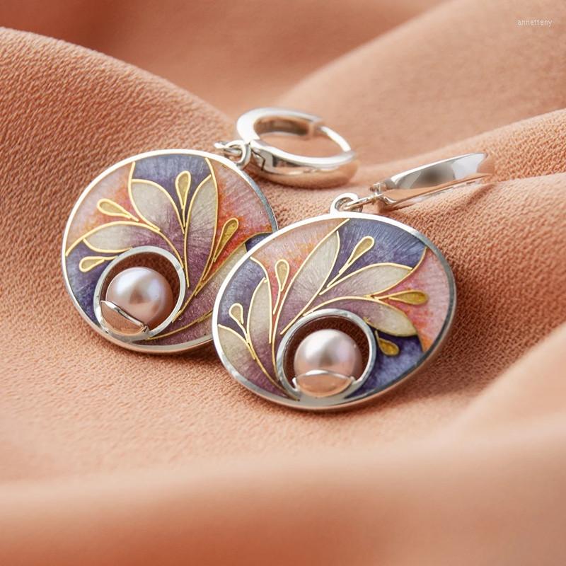 

Dangle Earrings Fashion Round Metal Silver Color Inlaid Earring Vintage Painting Multicolor Pattern Drop For Women Party Jewelry