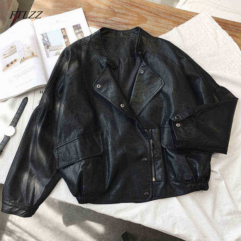 

Ftlzz Women Short Pu Leather Punk Jacket Slim Zipper Faux Leather Jackets Female Single Breasted Motorcycle Leather Outerwear J220727, Black