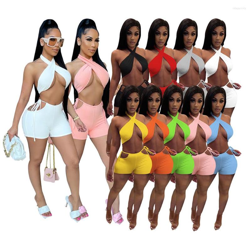 

Women' Tracksuits Sexy Women Tracksuit Halter Corp Tank Top And Short Pants Matching Set Hollow Out Sportsuit Clothes For Outfit, White
