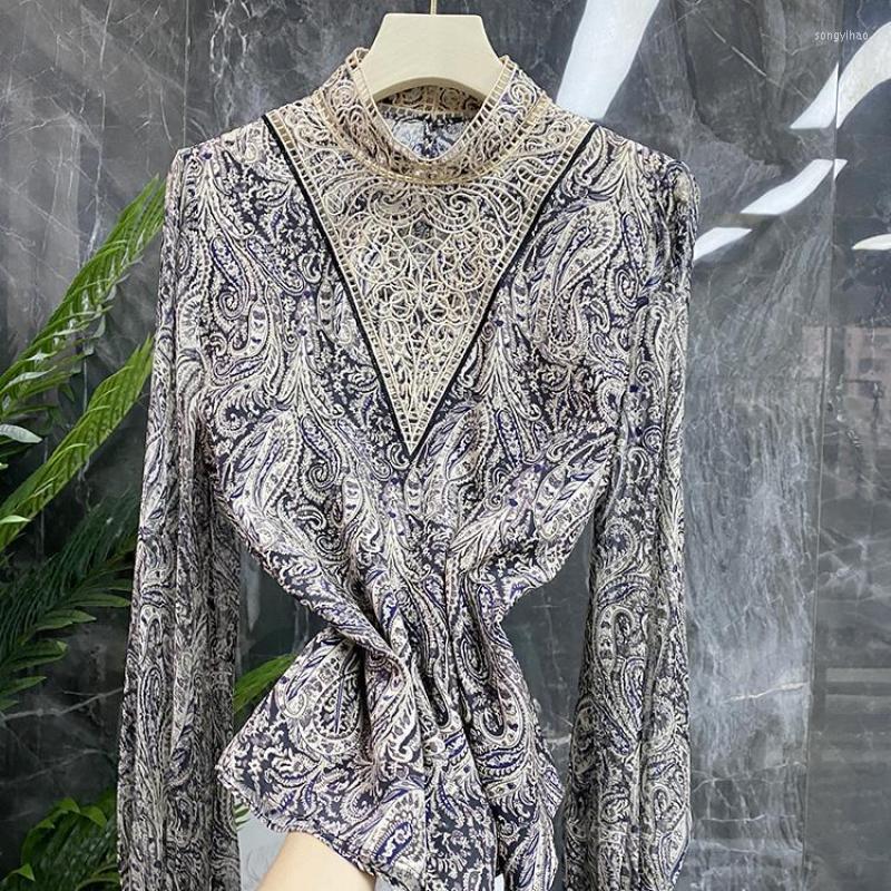 

Women' Blouses Fashion Vintage Print Women Hollow Embroidery Collar Shirt Stand Pullover Top 202 Spring Plus Size Clothing, Auburn