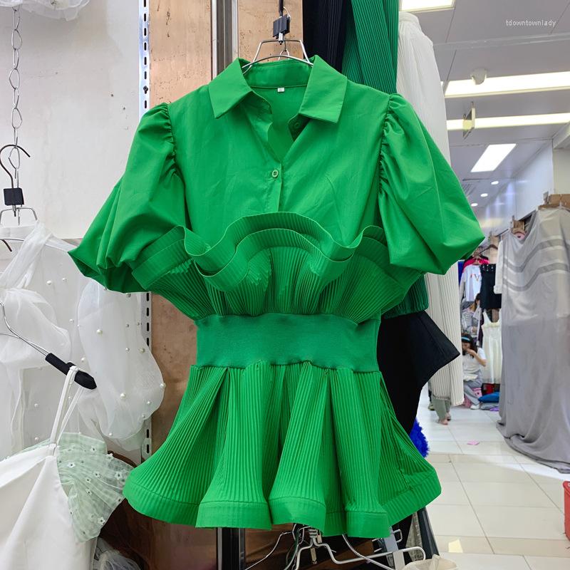 

Women's Blouses 2022 Vintage Tunic High Waist Blouse Summer Lapel Puff Sleeve Button Shirts For Women Ruffle Pleating Slim Temperament Tops, Green
