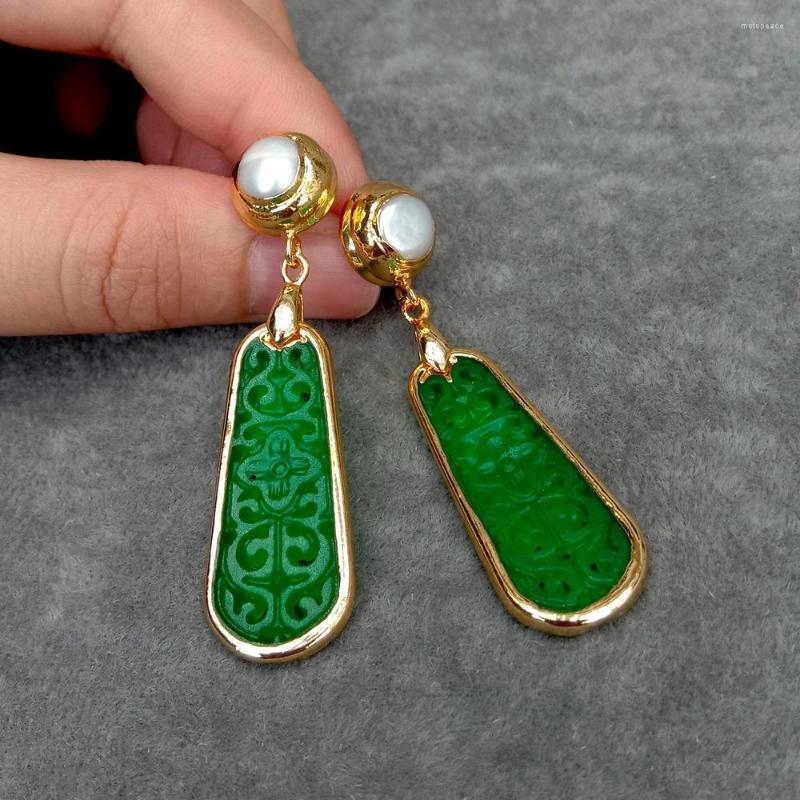 

Stud Earrings Y.YING Carved Green Jade And Freshwater Cultured White Pearl Drop In Gold Plated