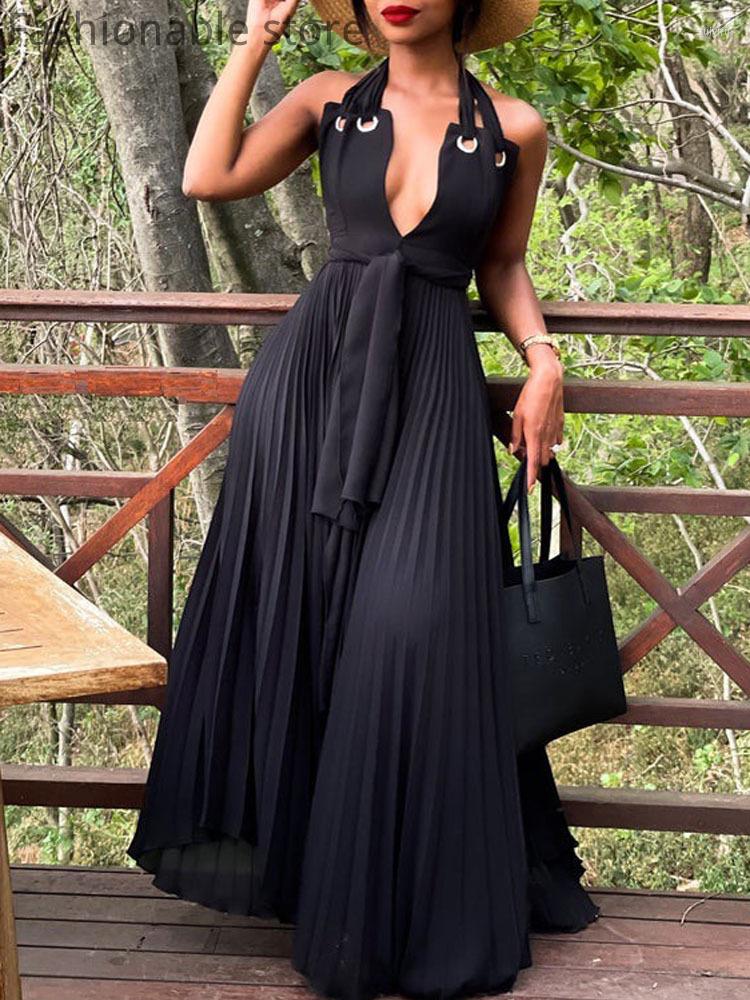

Casual Dresses Black Chiffon Halter Lace-Up Low Cut Tied Waist Pleated Maxi Dress