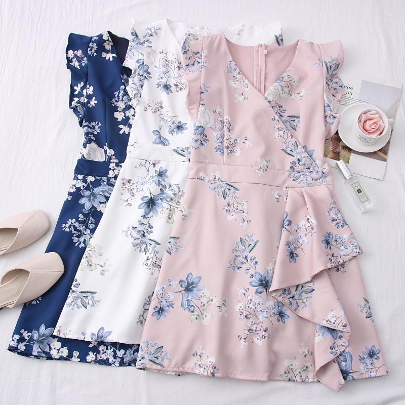 

Casual Dresses Women Summer Dress Slim V-neck Sleeveless Printed Flowers Above Knee Ladies Empire Mini, Pink
