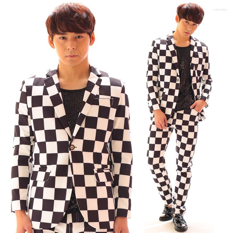 

Stage Wear Concert Jazz Dance Black And White Plaid Suit Jacket Pants For Male Performance Clothing Nightclub Bar Singer Host DWY2721, 2 pieces set