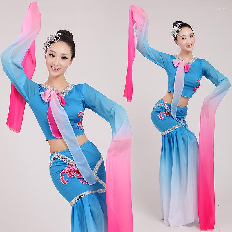 

Stage Wear Children Chang 'e Dancing Dress Chinese Folk Costume Women Yangko Long Water Sleeve Dancer 16, Blue