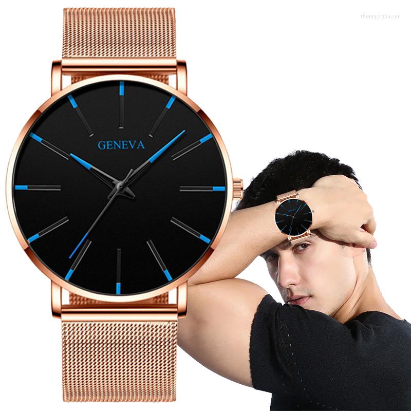 

Wristwatches Mens Warches 2022 Quartz Watch Man Ultra Thin Watches Men's Stainless Steel Mesh Belt Gifts Relogio, L orange rose gold