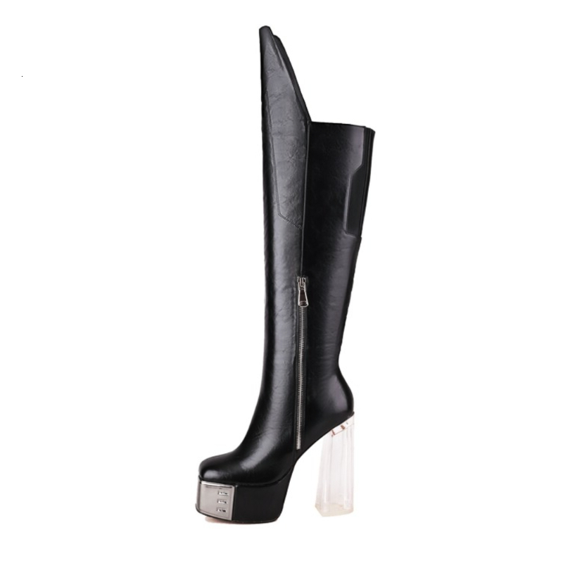 

Boots Lilyptuart Women's Punk Metal Toe Design Chunky Transparent Square Heels Long OvertheKnee Cool Knight 221114, Red j059-h13