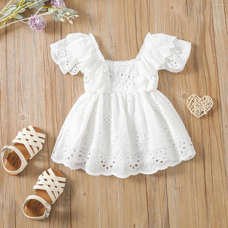 

Girl Dresses Born Short Sleeve Dress Solid Color Hollow Out Ruffles Decor Sweet Casual Clothes, Picture shown
