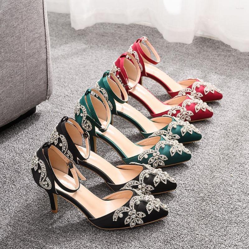 

Dress Shoes 2023 Rhinestone High Heels Silk Satin Wedding Party Women Pumps Stiletto Kitten Ladies Large Size 42, Black