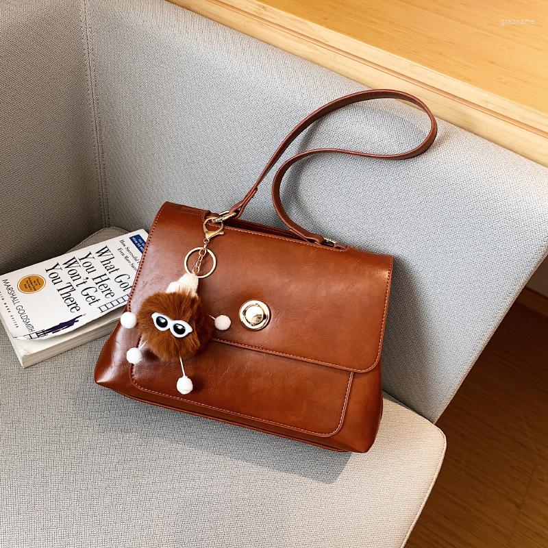

Evening Bags Luxury Designer Handbag PU Leather Women Shoulder Bag Fashion Pendant Crossbody Square Simple Solid Color Lady Messenger, Brown