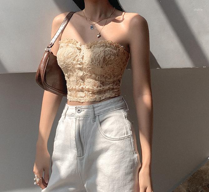 

Women' Tanks Women Sexy Lace Mesh See-through Tube Top Fashion Off Shoulder Backless Tops Slim Bottomed Vest Strap Crop Steetwear, Beige