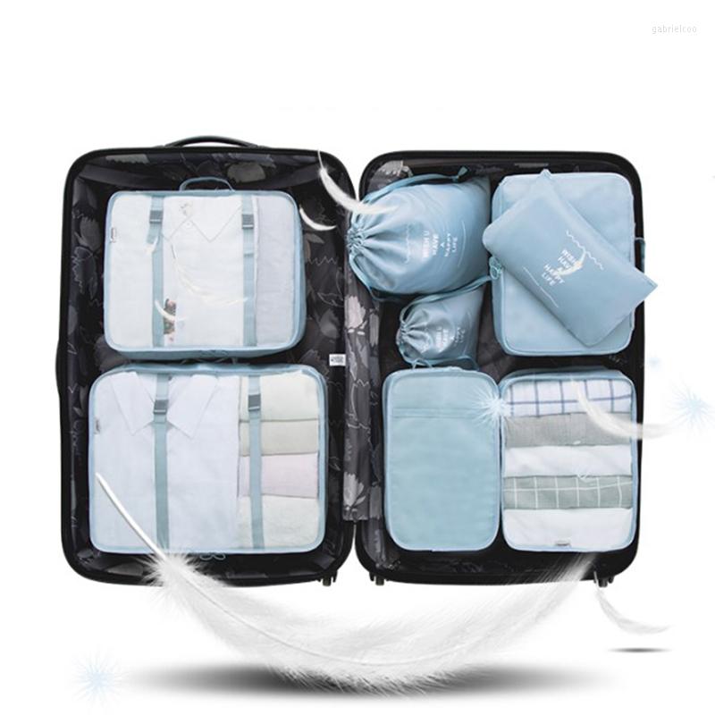 

Duffel Bags 8Pcs/set Polyester Travel Bag High Quality Waterproof Gament Portable Suitcases And Packing Cubes Luggage