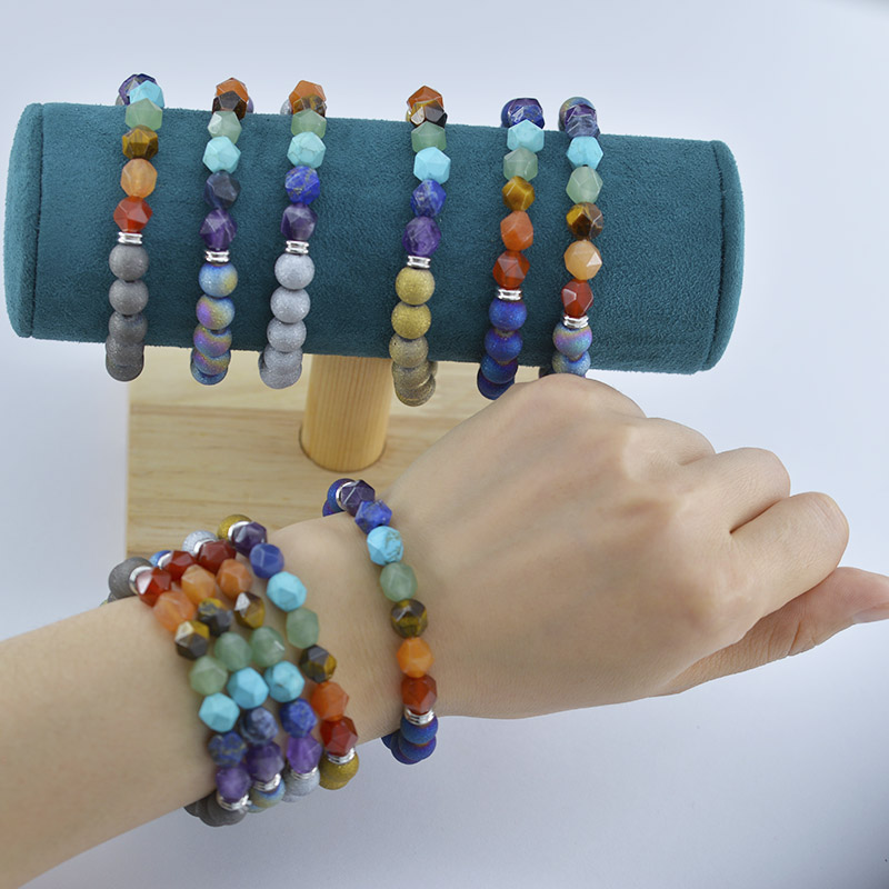 

8mm Faceted Stone Beaded Bracelet Strand Yoga 7 Chakra Gemstone Tiger Eye Red Agate Amethyst Energy Crystal Beads Bracelets Fashion Jewelry